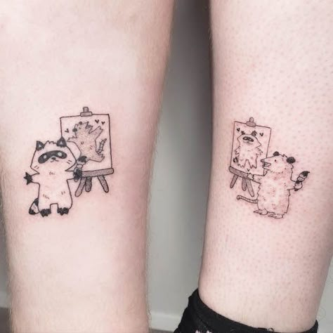 Cute matching animal tattoos by @disadoodles Best Friend Tattoos Animals, Tattoo Design Drawings Matching, Tattoo Idea Matching, Couple Animal Tattoo, Best Friend Tattoos Silly, Animal Couple Tattoo Ideas, Matching Tattoo Designs For Couples, Matching Possum Tattoos, Matching Tattoo For Friends