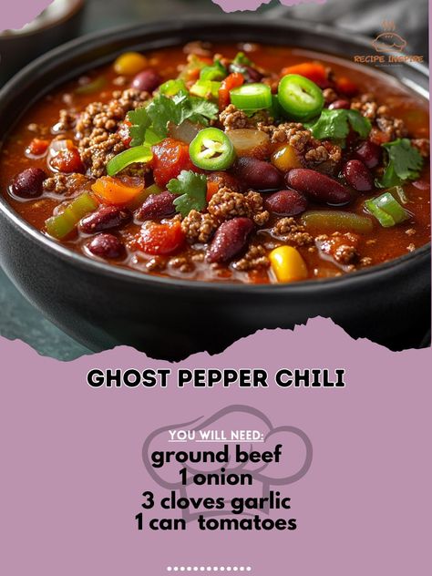 🔥 Spice up your dinner with this fiery Ghost Pepper Chili! 🌶️ It's not for the faint of heart! Ghost Pepper Chili Ingredients: - 1 lb ground beef - 1 onion (diced) - 3 cloves garlic (minced) - 1 can diced tomatoes (14.5 oz) - 1 can kidney beans (15 oz) - 1 can black beans (15 oz) - 2 ghost peppers (finely chopped) - 2 tbsp chili powder - 1 tsp cumin - Salt and pepper to taste Instructions: 1. In a large pot, brown the ground beef over medium heat. 2. Add the diced onions and garlic, cookin... Can Diced Tomatoes, Can Black Beans, Ghost Pepper, Chili Ingredients, Ghost Peppers, Diced Tomatoes, Diced Onions, Canned Black Beans, How To Can Tomatoes