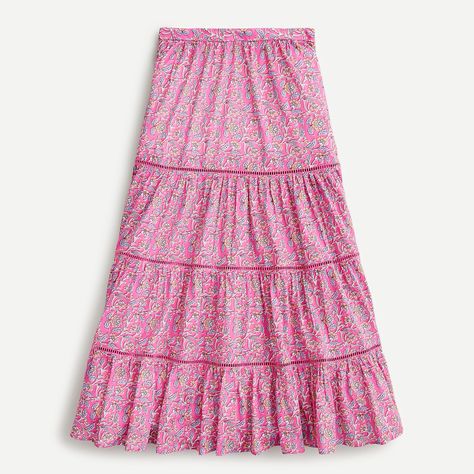 J.Crew: Tiered Midi Skirt In Pink Vines Block Print For Women Pink Vines, Pink Block Print, Tiered Midi Skirt, Cotton Midi Skirt, Ruffle Mini Skirt, Floral Midi Skirt, Jcrew Women, Stripe Skirt, Wool Skirts