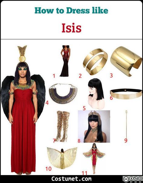 Isis costume is a scale dress, wings, golden bracelets, golden armbands, a golden necklace, a golden belt, golden shoes, and a sun-disk headpiece.           #Female #female #sexy #Egyptian #myth #goddess Egyptian Dress Goddesses, Time Travel Party, Egyptian Goddess Dress, Egyptian Headpiece, Halloween Egyptian, Egyptian Goddess Costume, Scale Dress, Mummy Halloween Costume, Egyptian Clothes