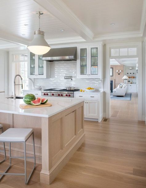 White Traditional Kitchen with Light Wood Finishes Light Wood Island, Timeless Flooring, Nantucket Kitchen, Modern Cape Cod, Cottage Fairytale, Light Cabinets, East Coast Beach, Sarasota Beach, House On Lake