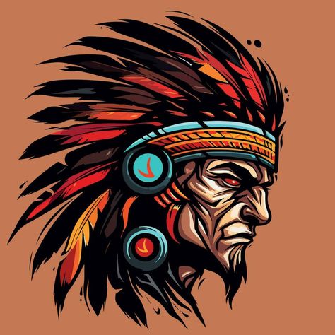 Indian Mascot, Native Warrior, Indian Warrior, Apache Indian, Logo Mascot, Logo Design Collection, Design Collection, Drawing Art, Vector Art