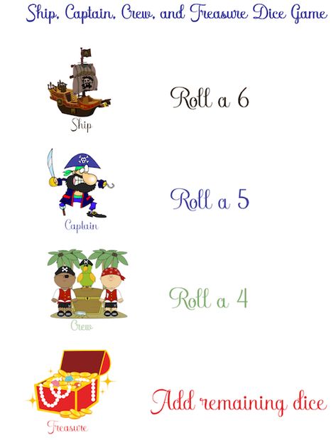 Ship, Captain, Crew, and Treasure Dice Game - Grandma Ideas Dice Games For Seniors, Diy Dice Games, Drinking Dice Games, Dice Game Rules, Games For Seniors, Grandma Ideas, Ship Captain, Coin Games, Reunion Games