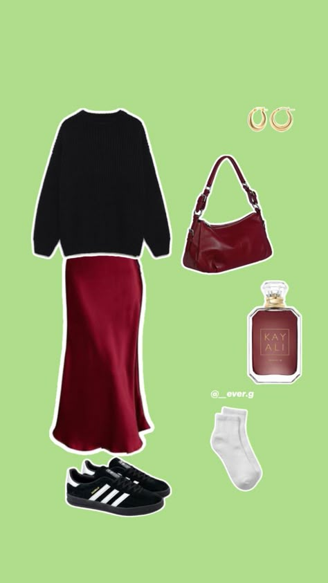 Vanilla 28 Perfume, Red Silk Skirt Outfit, Red Satin Skirt Outfit, Sweater With Skirt Outfit, Satin Skirt Outfit Casual, Black Silk Skirt Outfit, Outfit With Sweater, Cherry Red Outfit, Outfit Inspo Easy