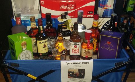 Liquor Wagon Booze Wagon Raffle, Wagon Basket Gift Ideas, Liquor Wagon Fundraiser, Liquor Baskets Raffle, Booze Wagon Fundraiser, Liquor Basket Ideas For Raffle, Patron Liquor, Dance Fundraisers, Silent Auction Basket