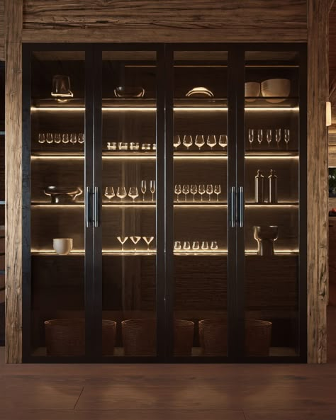 7 Heaven - Residence Zermatt - Rougemont Interiors Bar Glass Storage, Wine Glass Cabinet, Rougemont Interiors, Glassware Cabinet, Wine Cabinet Design, Kitchen Led Lights, Crockery Cabinet Design, Home Wine Bar, Crockery Cabinet