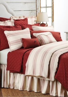 Red Master Bedrooms Decor, Bedroom With Red Accents, Rustic Master, Red Duvet, Red Duvet Cover, Farmhouse Coastal, Striped Bedding, Striped Duvet, Striped Duvet Covers