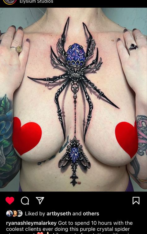 Ryan Ashley Tattoos, Ryan Ashley Tattoo, Ryan Ashley Malarkey, Jewelry Tattoo Designs, Peach Tattoo, Ryan Ashley, Crystal Spider, Sigil Tattoo, Tattoed Women