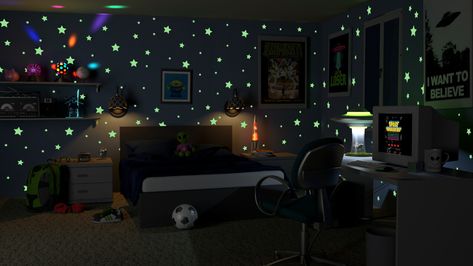 Alien Themed Room, Alien Room Decor, Space Themed Room Aesthetic, Space Room Aesthetic, Alien Bedroom, Alien Room, Star Room, 90s Bedroom, Deco Room