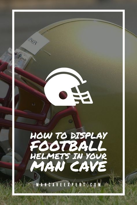 How to Display Football Helmets in Your Man Cave Football Helmet Display Ideas Man Caves, How To Display Football Helmets, Football Bust Through Signs, Football Helmet Display Ideas, Nfl Helmet Display Ideas, Football Helmet Shelf Display, Skull Helmet Holder, Football Man Cave, Helmet Display