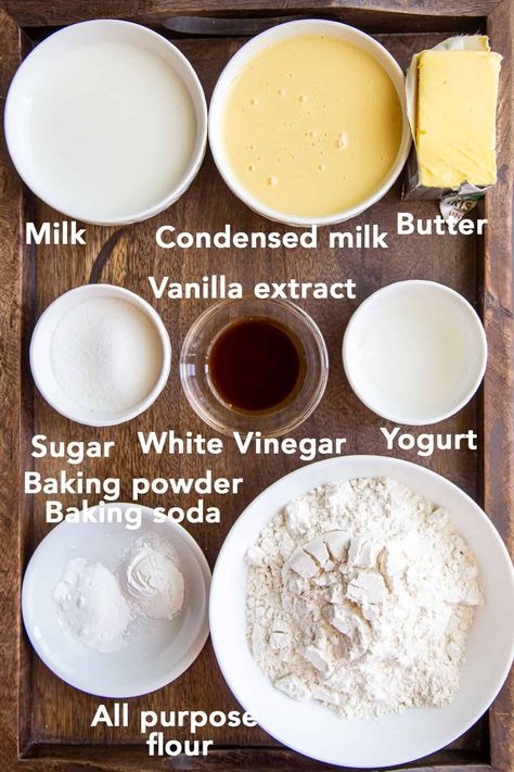 Ingredients for making Eggless Vanilla Sponge Cake Vanilla Cake Recipe Eggless, Eggless Sponge Cake Recipe, Cake With Condensed Milk, Vanilla Sponge Cake Recipe, Eggless Vanilla Sponge Cake, Eggless Vanilla Cake Recipe, Eggless Sponge Cake, Brownie Mix Recipes, Cake Recipes Without Eggs