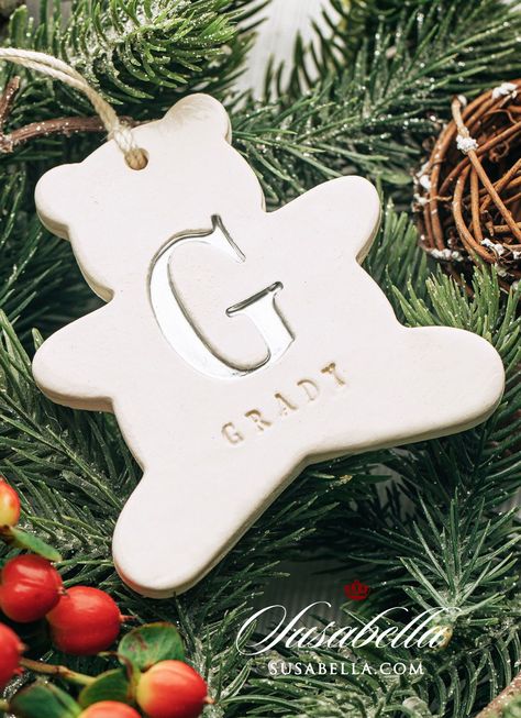 Our new personalized teddy bear ornament would make a beautiful gift! Perfect for a family member or friend who just had a baby or a child at any age. The initial can be painted in gold, silver, black, pink, light blue, or left in white. Christmas Gift, Teddy Bear Ornament, Baby's First, Baby Ornament, Baby Shower Gift Initial Christmas Ornaments, Camper Ornament, Teddy Bear Christmas, Teddy Bear Ornament, Baby's 1st Christmas Ornament, Personalised Teddy Bears, Neighbor Christmas Gifts, Baby's First Christmas Ornament, Christmas Gifts For Coworkers