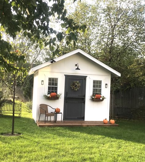 Beige Shed Ideas, Sheds With Decks, Small Shed Landscaping Ideas, Diy Shed Paint Ideas, Sheds Ideas Backyard Landscaping, Mini Shed Ideas, Adding A Porch To A Shed, Small Shed With Porch, Backyard Shed Makeover