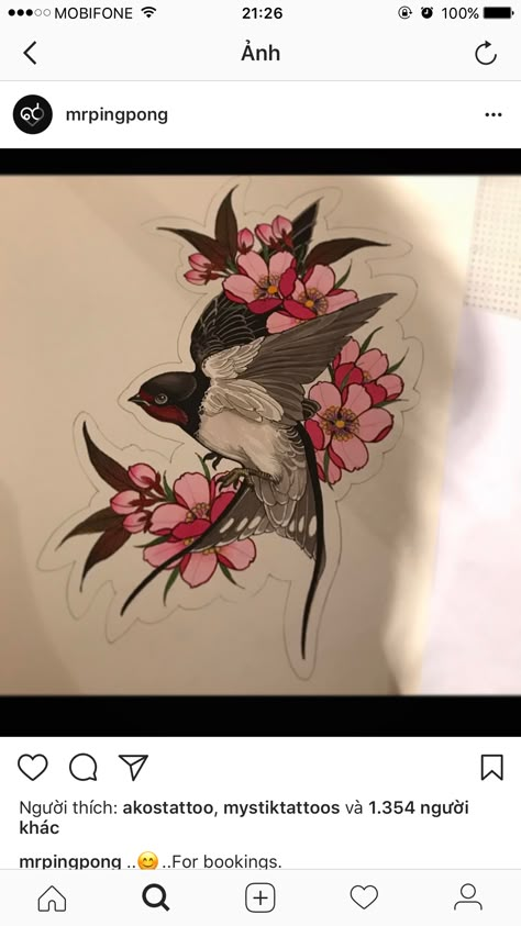 Neo Trad Cherry Blossom Tattoo, Neo Trad Cherry Blossom, Neo Traditional Swallow Tattoo, Neo Traditional Cherry Blossom, Sparrow Tattoo Design, Neo Traditional Art, Neo Tattoo, Japanese Flower Tattoo, P Tattoo