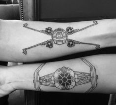 Star Wars sibling tattoo Fighter Tattoo, Nerdy Tattoos, Tattoos Infinity, Nerd Tattoo, Geek Tattoo, Wing Tattoo, Star Wars Tattoo, Star Wars Film, Matching Tattoo