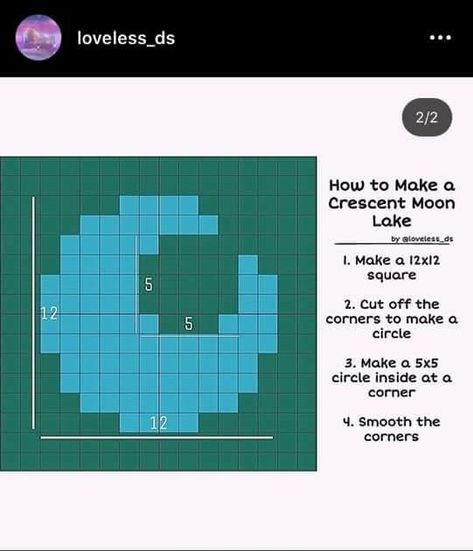 Minecraft Moon House Blueprint, Acnh Crescent Moon Lake, Moon Lake Animal Crossing, Minecraft Crescent Moon, Lake Minecraft Ideas, Acnh Lake Idea, Acnh Tips, Minecraft Templates, Cottagecore Animal Crossing