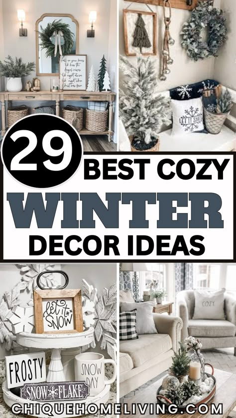 29 Winter Decor Ideas to Cozy Up Your Home! ❄️ Transform your space into a warm, inviting retreat this season with these creative ideas. Add cozy vibes with chunky knit blankets, faux fur throws, and soft neutral pillows. Incorporate natural elements like pinecones, birch logs, and evergreen garlands for a rustic touch. Use candles and string lights to create a magical winter glow. Highlight seasonal details like snowflake ornaments, frosted wreaths, or winter-inspired wall art. Whether you pref Winter 2025 Home Trends, Apartment Winter Decor, Pottery Barn Winter Decor, Winter Themed Home Decor, Rustic Winter Decor Ideas For The Home After Christmas, Winter Decor Ideas For The Home Cozy, Decorating In January Ideas, Winter Themed Decor, Winter Mantles Ideas