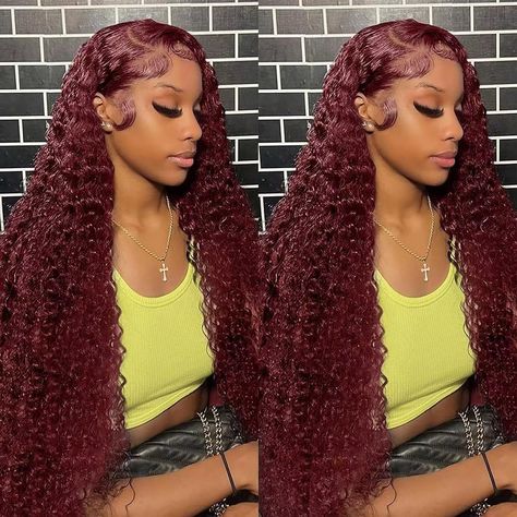 PRICES MAY VARY. ❤️99J Burgundy Lace Front Wigs Human Hair Material: 100% Unprocessed Virgin Human Hair, Cut From Young Girl.Soft and Bouncy,Natural and Healthy.No Animal,No Smell,No Chemical Processed,No Shedding,No tangle. ❤️Burgundy human hair lace front wigs Texture: Deep wave 99J Burgundy 13x4 Lace Front Wigs, Physical Heat Setting, Long Lasting Waves, Stylish Colors. Glueless Wigs Human Hair Pre Plucked, True to Length, Can Be Straightened, Colored and Restyled As You Like. ❤️99J Red Lace Long Curly Hair Wig, Red Curly Wig, Wigs Curly, Curly Clip Ins, Red Wave, Hairstyle Inspo, Girl Soft, Lace Frontal Wigs, Glueless Wigs