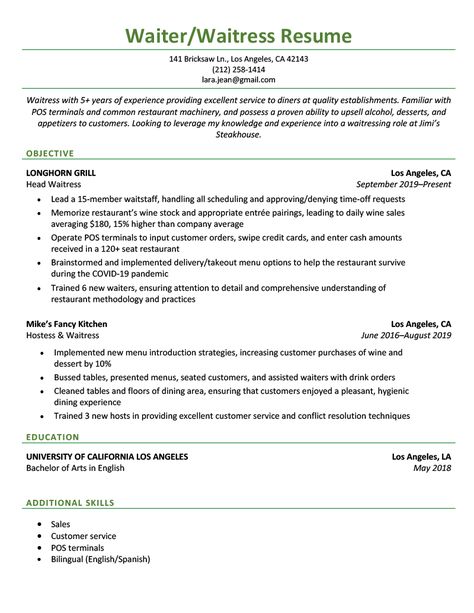 Land the restaurant gig you want with help from our free downloadable waiter/waitress resume sample and resume writing tips. Waitressing Tips, Waitress Resume, Professional Resume Examples, Basic Computer, Job Resume Examples, Resume Writing Tips, Service Industry, People Skills, Resume Sample