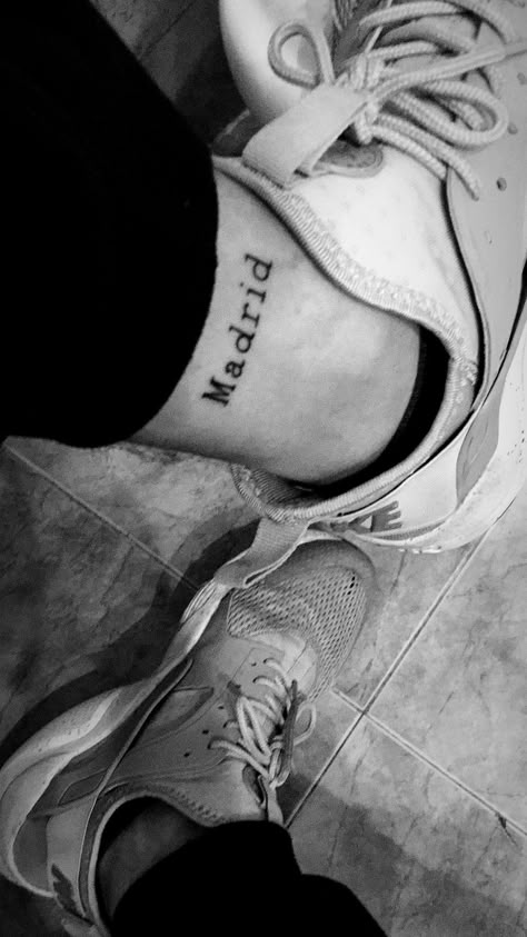 #tattoo #madrid Espana Tattoo, Hala Madrid Tattoo, Madrid Tattoo Ideas, Spain Tattoo, Madrid Tattoo, Text Tattoo, Calf Tattoo, Real Madrid, Small Tattoos