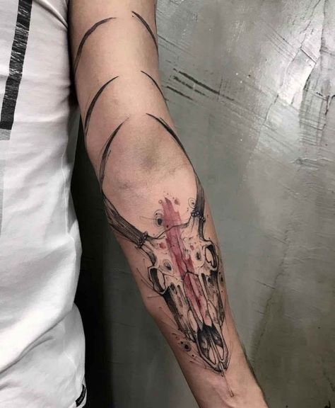 30+ Deer Skull Tattoo Designs, Ideas, and Meanings | PetPress Tattoo Deer Skull, Skull Tattoo On Hand, Skull Forearm Tattoo, Deer Hunting Tattoos, Deer Skull Tattoo, Tattoo Deer, Watercolour Tattoo Men, Indian Skull Tattoos, Deer Skull Tattoos