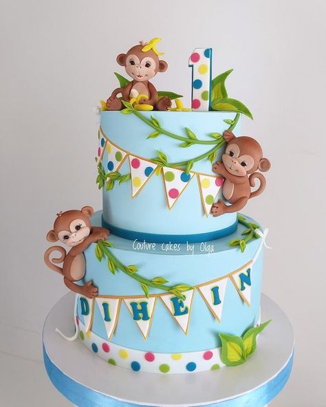 Monkey Birthday Cakes, Jungle Birthday Cakes, Boys First Birthday Cake, Cake Designs For Kids, Boys 1st Birthday Cake, Baby Boy Birthday Cake, Baby Monkeys, Animal Birthday Cakes, Baby First Birthday Cake