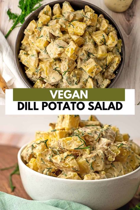 Tahini potato salad is easy to make, creamy and packed with flavor. This vegan dill potato salad is made with no mayo or dairy and is gluten free and Whole30 friendly. Perfect for cookouts, BBQ's, or weeknight meals. This recipe is great for meal prep too! Barbeque Potatoes, Dill Pickle Potato Salad Recipe, Dill Pickle Potato Salad, Pickle Potato Salad, Potato Salad Vegan, Dill Potato Salad, Dill Potato, Vegan Potato Salad, Dill Potatoes