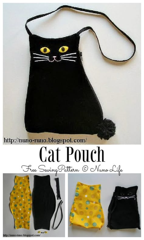 Pouch Sewing Pattern Free, Cat Sewing Pattern Free, Cat Bag Pattern, Cat Sewing Pattern, Cat Pouch, Fabric Art Diy, Cat Dolls, Art Quilting, Purse Sewing Patterns