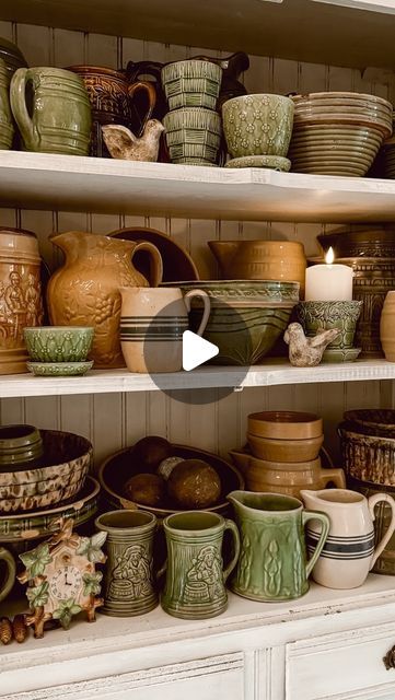 Deb McCoy and Danelle Harvey on Instagram: "I found a few new treasures yesterday.. I love this green pottery and I rarely share it. Probably because it’s tucked away and the cabinet is SO FULL! All of these things were a few dollars here and there throughout the years. They have been displayed at so many of our homes, which means they’ve been moved as much as we have. 🤪 These two mugs were only $3 each and I know nothing about them except they are McCoy mugs. Let me know if you know. The internet wasn’t helpful. #vintage #antiques #antiquedecor #vintagedecor #woodsandwhites #woodsandwhitesdecor #newoldhome #homedecor #newbuild #newhomebuild #wifeandwifeteam #wifeandwife #homedecorideas #cottagedecor #betterhomesandgardens #countryliving #countryhomes #cottageandbungalows #collection #po Euro Trash, I Know Nothing, Green Pottery, Mccoy Pottery, The Cabinet, Antique Decor, Know Nothing, Better Homes And Gardens, Cottage Decor