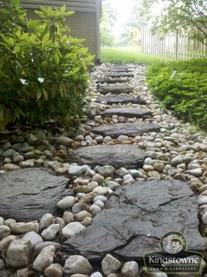 Lawn Drainage | French Drain Garden Landscaping Design Ideas, Backyard Drainage, River Rock Landscaping, French Drain, Hardscape Design, Garden Walkway, Lawn And Landscape, Stone Path, Dry Creek