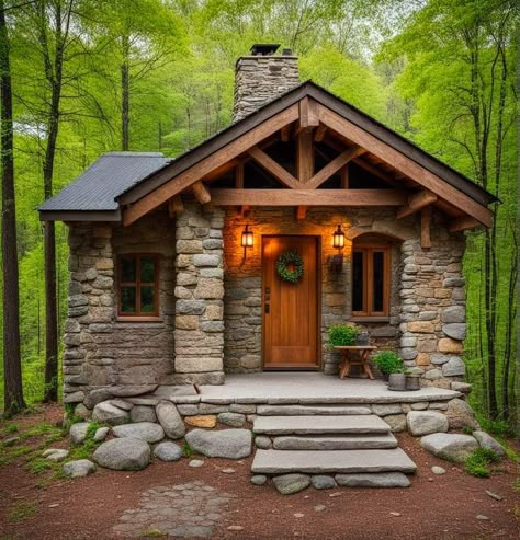 Small Stone Cottage, Small Stone House, Rustic Home Exterior, Building A Small House, Stone Cabin, Stone Construction, Log Cabin Living, Small Cottage Homes, Stone Cottages