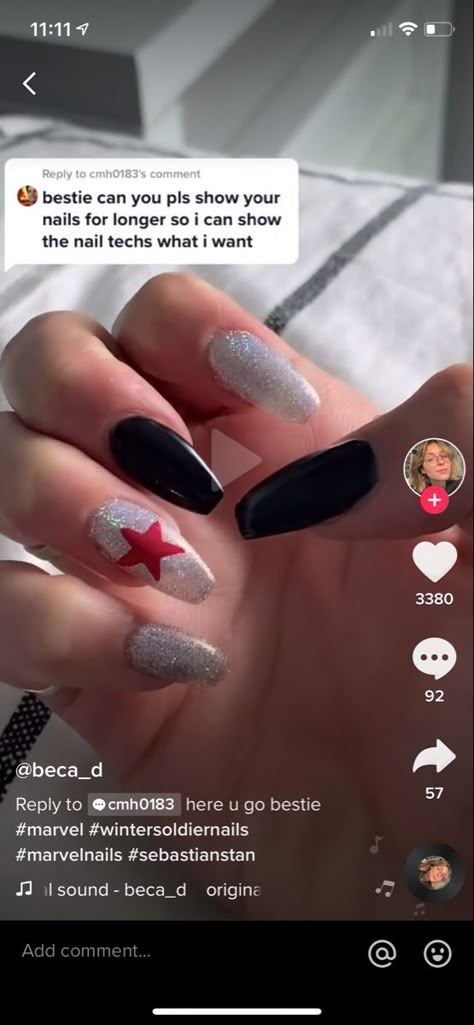 Easy Character Nails, Bucky Barnes Inspired Nails, Marvel Themed Nails, Marvel Nails Simple, Marvel Nail Ideas, Bucky Barnes Nails, Makeup Inspired By Marvel, Winter Soldier Nails, Marvel Inspired Nails