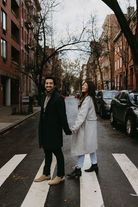 Nyc Photoshoot Ideas Couple, West Village Photoshoot, West Village Engagement Photos, Small Town Engagement Photos, City Engagement Photos Outfit, Downtown Couple, City Couples Photography, Winter Couple Pictures, Winter Engagement Photos Outfits