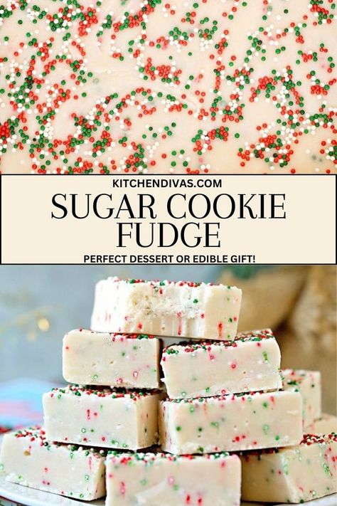 Collage of closeup shot of uncut sugar cookie fudge at top and stack of sugar cookie fudge squares on plate at bottom. 3 Ingredient Sugar Cookie Fudge, Sugar Cookies Fudge, Sugar Cookie Fudge Recipe Easy, Frosting Fudge Recipes Easy, Easy Fancy Dessert Recipes, Fudge Gift Packaging Ideas, Christmas Bake Sale Ideas Easy, Sugar Cookie Fudge Recipe, Christmas Fudge Ideas