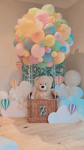 KOTC ~ Bespoke Party Decor on Instagram: "1st birthday celebration 🎉 At home for a beautiful family have an amazing time and thank you for trusting us with your special day #1stbirthday #1stbirthdayparty #1stbirthdaydecor #1stbirthdabaloondecor #peterboroughballoons #partydeco #partyplanner #peterborough #balloonhoop #hotairballoonparty #pastelrainbow #partytime #partytime #eventdesign" Hot Air Balloon Decorations Party, 1st Birthday Party Decorations At Home, 1st Birthday Hot Air Balloon Theme, 1st Birthday Diy, Baby Birthday Decorations At Home, Hot Air Balloon 1st Birthday Party, 1st Birthday Decor, Hot Air Balloon Decor, Bday Decoration Ideas At Home