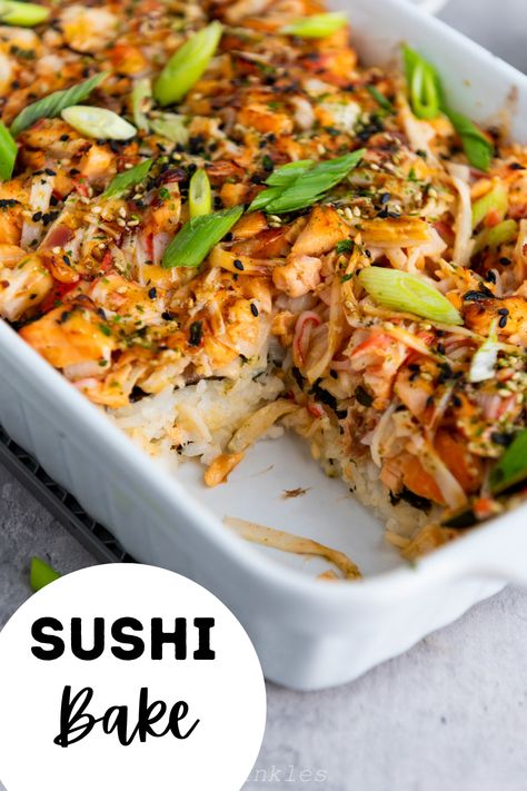 This Sushi bake AKA sushi casserole is so easy to make and has all the sushi flavors that you love. With just 15 minutes of prep, you will be serving this delicious sushi dish in less than an hour. Japanese Lasagna Sushi Recipe, Shrimp And Crab Sushi Bake, Sushi Salmon Bake, Thanksgiving Sushi, Sushi Flavors, Sushi Stacks Recipe, Sushi Casserole, Sushi Bake Recipe, Chicken Sushi