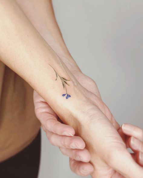 Minimal Color Floral Tattoo, Mini Botanical Tattoo, Tiny Flower Wrist Tattoo, Wishing Flower Tattoo, Subtle Color Tattoo, Tiny Botanical Tattoo, Single Wildflower Tattoo, Tiny Wildflower Tattoo, Single Stem Flower Tattoo