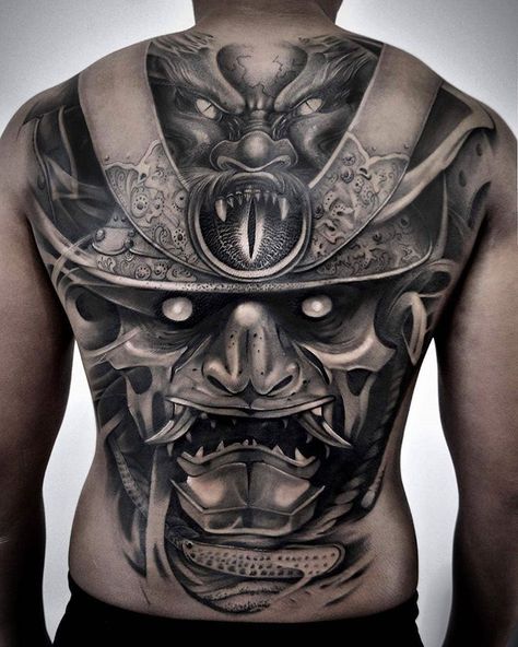 Asian Inkspiration ★ on Instagram: “Samurai Backpiece By 💥 @dannytruongtattoo 💥” Samurai Back Tattoo, Samurai Mask Tattoo, Japanese Back Tattoo, Samurai Warrior Tattoo, Backpiece Tattoo, Samurai Tattoo Design, Back Piece Tattoo, Tattoo Back, Chicano Style Tattoo