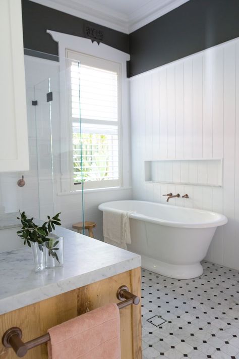 Small Bathroom Renos, Brass Tapware, Bungalow Bathroom, Danielle Victoria, Practical Bathroom, Queenslander House, Veined Marble, Traditional Bath, Heritage Bathroom