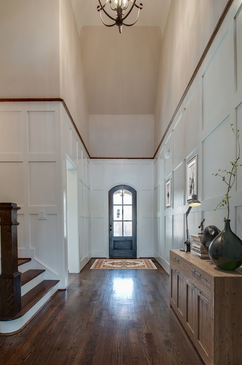 Front Entry, Foyer, Judges Paneling. Foyer Wainscoting Entryway, Tall Entryway Ideas, Tall Entryway Ideas High Ceilings, Two Story Entryway Ideas, Entryway Wall Ideas, Tall Foyer, Large Blank Wall, Judges Paneling, Foyer Ideas Entryway