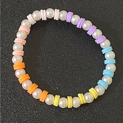 Clay bead and pearl bracelet Clay Bracelet Ideas, Make Clay Beads, Clay Bead Ideas, Clay Bead Bracelet Ideas, Bracelet With Pearls, Colorful Bead Bracelets, Bracelet Business, Bead Bracelet Ideas, Clay Bead Necklace