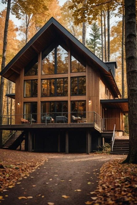 Forest Vacation House, Two Story Cabin In The Woods, Cabin House Exterior, Redwood House, Mountain Dream Homes, Cabin Exterior, Modern Style House Plans, House Facade, Modern Farmhouse Exterior