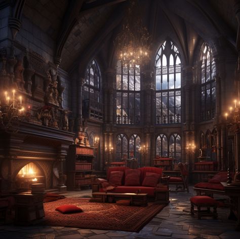 Castle Home Interior, Dark Room Design, Royal Castle Interior, Castle Fireplace, Old Mansion Bedroom, Castle Interiors, Dark Red Living Room, Old Castle Interior, Fantasy Castle Interior