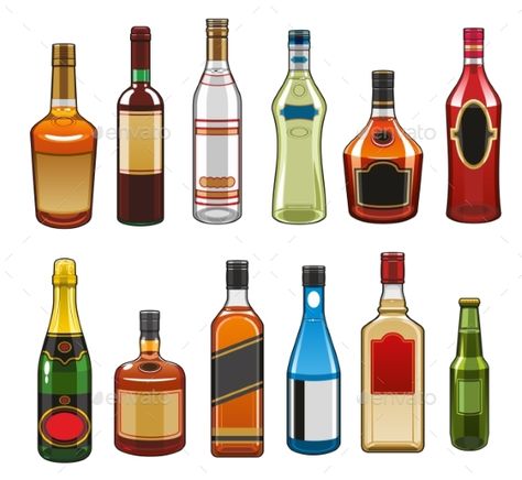 Alcohol drinks bottles icons. Vector isolated set of whiskey, champagne or sparkling vine and gin with vermouth or brandy liquor, Liqour Bottles, Liquor Party, Brandy Liquor, Hennessy Bottle, Party Beverages, Bottle Alcohol, Drink Gin, Alcohol Bar, Bottle Drawing