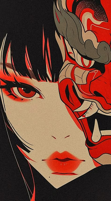 A closeup portrait of an anime girl with red and black hair, wearing a Japanese oni mask in the style of Katsuhiro Otomo and Jean Giraud. The image has a vintage manga style with dark, light crimson tones and bold lines against a dark background in a flat illustration. The vintage cartoon style uses a dark palette for a close up portrait.  --ar 1:1 --niji 6 --iw 2 Japanese Mask Painting, Japanese Illustration Art Anime, Japanese Mask Wallpaper, Cool Masks Drawing, Red Black Illustration, Anime Mask Art, Japanese Mask Illustration, Mask Wallpaper, Red And Black Illustration