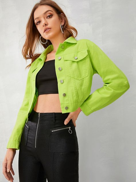 Neon Green Button Through Denim Jacket | SHEIN USA Neon And Denim Outfits, Neon Green Jacket Outfit, Lime Green Jacket Outfit, Neon Jacket Outfit, Neon Style Outfit, Neon Green Clothes, Girly Jackets, Nctzen Outfit, Neon Green Jacket