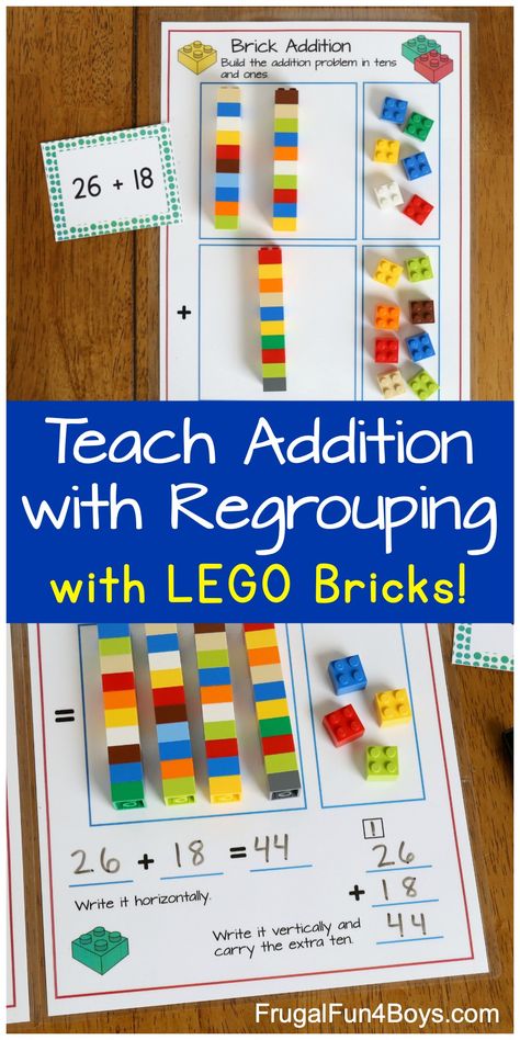 How to Teach Addition with Regrouping with LEGO Bricks - Fun hands on math activity for first and second grade. Print the activity sheets and addition problem cards! Teach Addition, Lego Math, Addition With Regrouping, Teaching Addition, Subtraction Activities, Lego Activities, Math Challenge, Math Manipulatives, Activity Pages