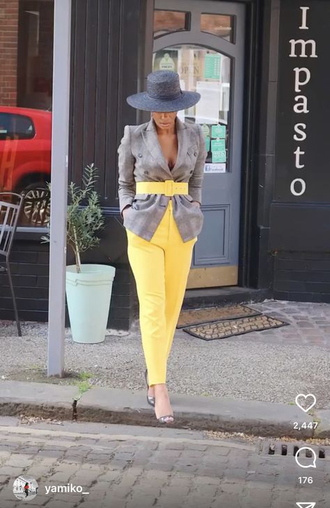 Yellow Fedora Hat Outfit, Fedora Hat Outfit, Fedora Hat Outfits, Stylish Business Outfits, Hat Outfits, Work Fits, Color Blocking Outfits, Hat Outfit, Colour Combos