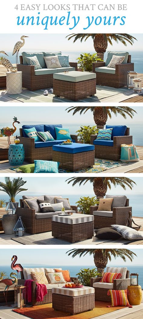 Pier 1’s versatile Echo Beach 3-Piece Patio Set makes it easy to let your personality shine through with a few changes to your outdoor cushions, pillows and accents. Beach Style Patio, Patio Rugs Outdoor Ideas, Patio Rugs Outdoor, Coastal Style Decorating, Rugs Outdoor, Beach Patio, Summer Furniture, Coastal Beach Decor, Coastal Living Rooms