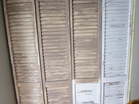 Bifold Shutter Door Makeover, Kitchen Door Makeover, Distressed Shutters, Cabinet Door Makeover, Bifold Doors Makeover, Indoor Shutters, Louvre Doors, Painted Closet, Painting Shutters